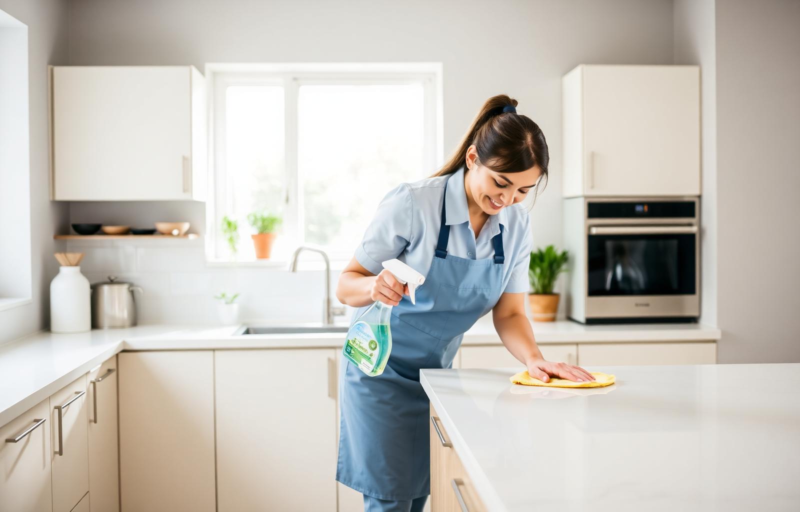 House cleaner detailing a kitchen counter in a bright Avon home