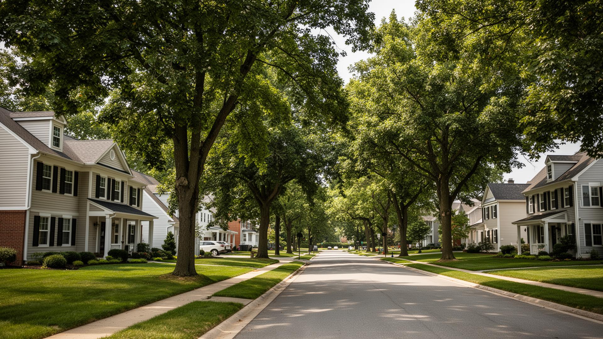 Suburban neighborhood street with maple trees and Colonial homes in Avon, OH