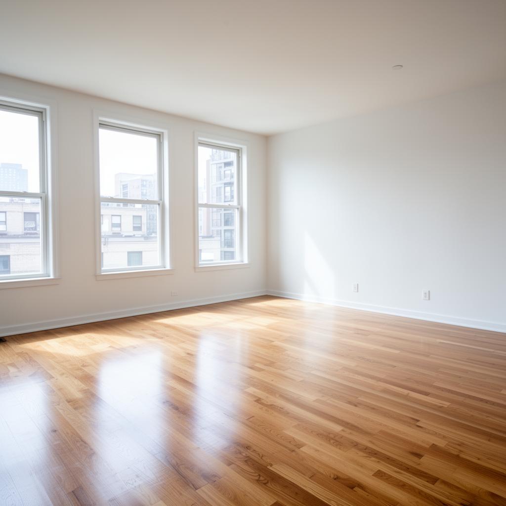 Empty bright vacant room with refinished hardwood floor before move-in cleaning in Avon, OH home