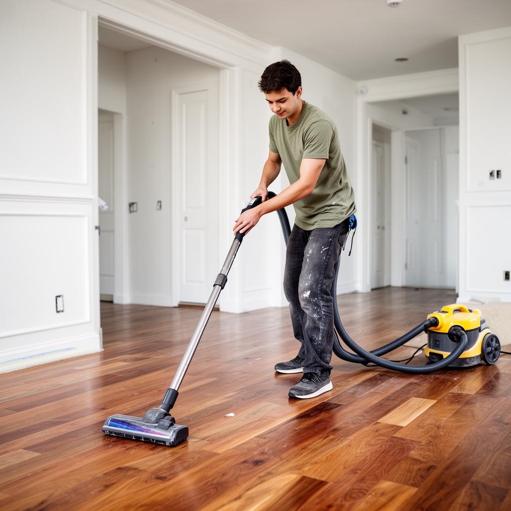 Post-construction vacuum cleaning of hardwood floor in Avon, OH home