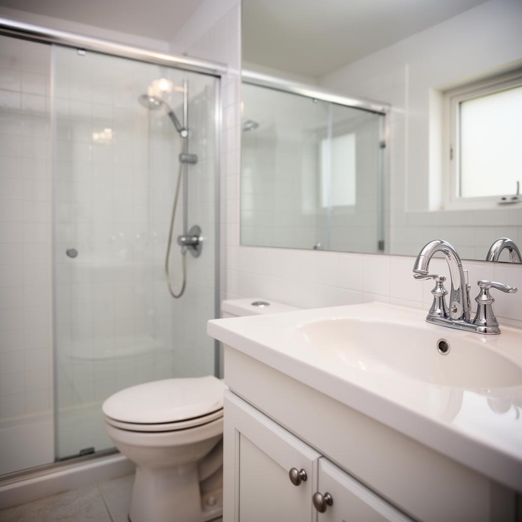 Sparkling clean white bathroom with chrome fixtures in Avon, OH home