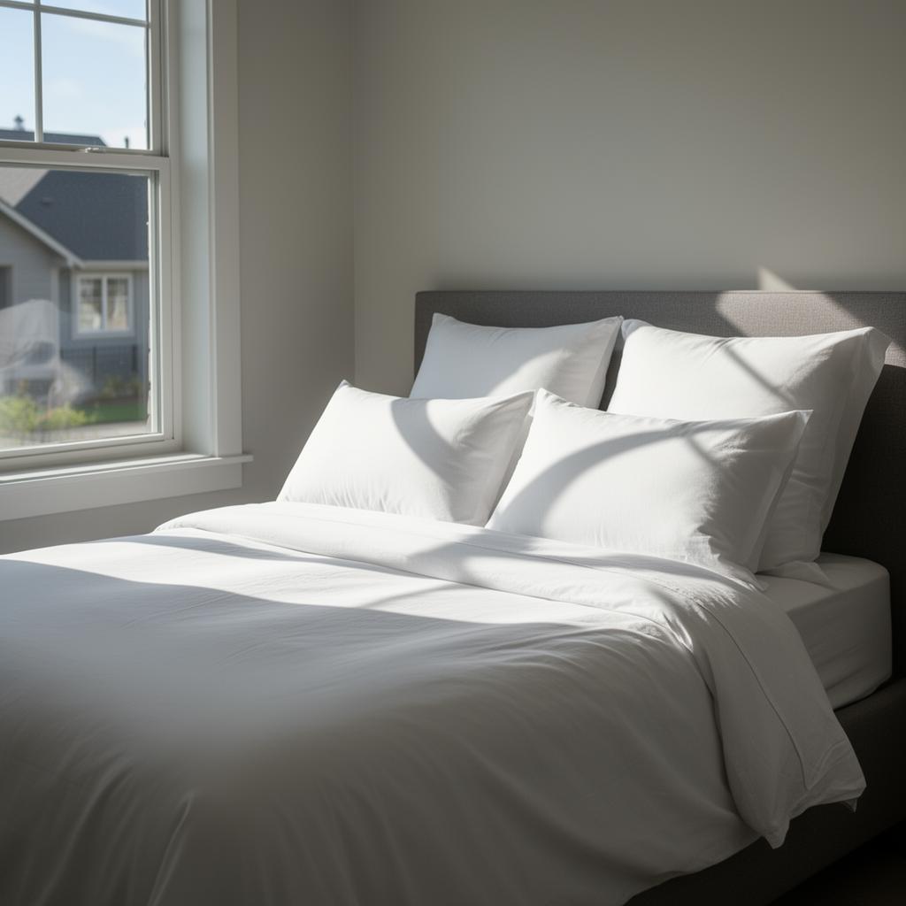 Neatly made bed in a sunlit bedroom in Avon, OH home