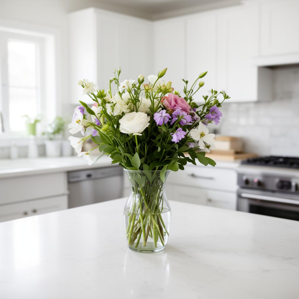 Clean white kitchen counter with flowers in Avon, OH home